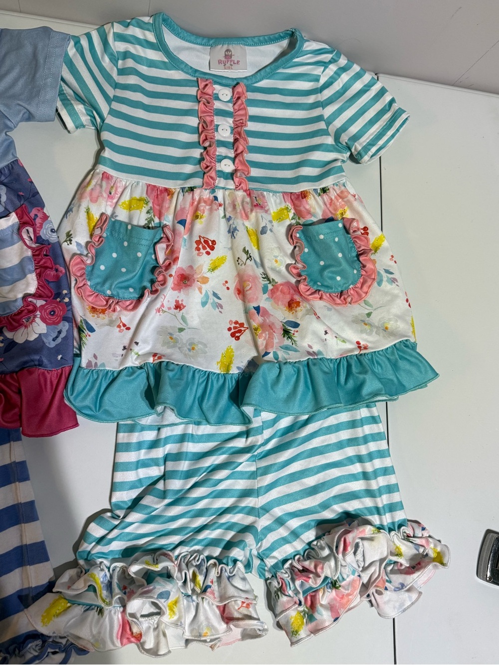 Ruffle Girl Mixed Pattern Floral Tops & Shorts Girls Matching Sets Sz 6/7 NWOT - Picture 4 of 7